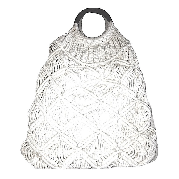 Macramé Handbag Crochet Tote Wooden Handle, 20” Clean like new - Picture 1 of 7